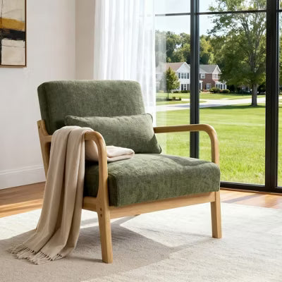 Mid-Century Modern Upholstered Accent Armchair with Solid Wood Frame & Lumbar Pillow - Olive Green