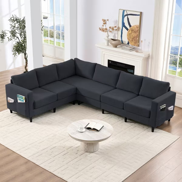 Mjkone 108"Linen Oversized Modular Sectional Sofa,L-Shaped Sectional Sofas with Side Pocket,Large 6 Seater Corner Sofa,Dark Grey