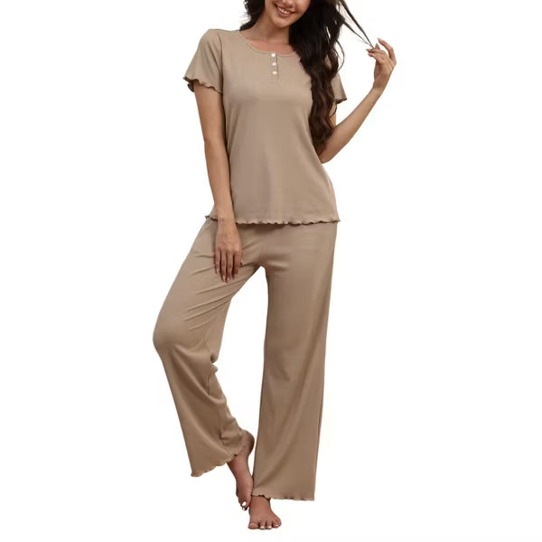 Ekouaer Women's Ribbed Knit Henley Short Sleeve Long Pants Pajama Set with Lettuce Trim Black Small
