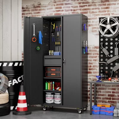 VIYET 71"H All-Black Heavy-Duty Metal Garage Storage Cabinet with Wheels,2 Locking Doors+3 Adjustable Shelves for Home/Office/Garage