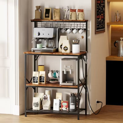 Qwatto Kitchen Bakers Rack with Power Outlets 31.5 -inch Coffee Bar Station 4 Tier Microwave Stand Storage Shelf with S Hooks Brown Utility Table