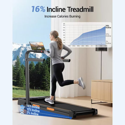 16% Incline Walking Pad Treadmill with Handle Bar, 2.5HP Quiet Folding Under Desk Treadmill for Home & Office, Portable Compact Design