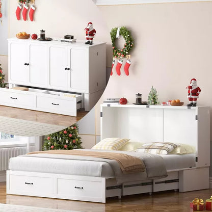 Mjkone Queen Murphy Bed with Storage,Mattress,Charging Station, Farmhouse Cabinet Bed, Noise-Free, for Guest Room,Apartment