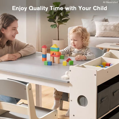 TODECARE Kids Table and Chair Set with Storage Bins and Paper Roll, Toddler Furniture Set, Gray