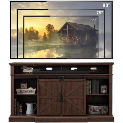 SinCiDo Farmhouse TV Stand for 80" TVs, 37" Tall Media Console with Sliding Barn Door, Storage Cabinets & Adjustable Shelves