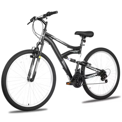 Hykolity 27.5-Inch Mountain Bike, Adult Bicycle Man Woman, Steel Full Suspension, 18-Speed, Adjustable Saddle, Linear Pull Brakes, Alloy Rims, Black