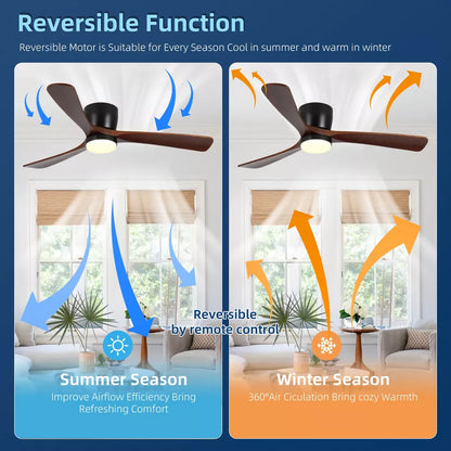 Wanze of Ocean 42 Inch Low Profile Flush Mount Ceiling Fans with Lights, Reversible DC Motor, 3 Solid Wood Blades, 3-Way Control, Black