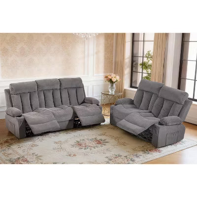 BOSMILLER Manual Recliner Sofa Set, 2 Piece Reclining Living Room Furniture Sets with Cup Holders for Home Theater, Office (Grey, Sofa+Loveseat)
