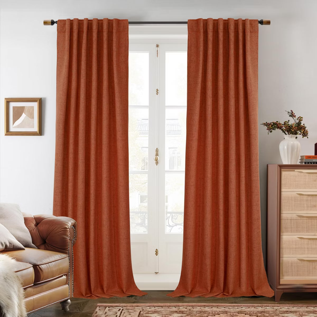 DriftAway 100% Blackout Linen Textured Curtains Double Layer Drape Farmhouse Thermal Insulated Burnt Orange 52X84