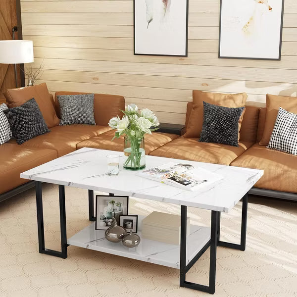 Hooseng 40 Inch Living Room Faux Marble Coffee Table, Top Rectangular 2-Tier Coffee Table with Black Metal Frame for Office