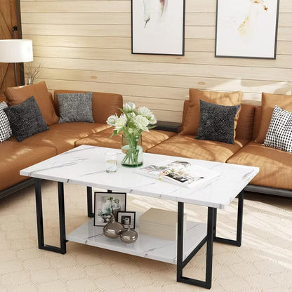 Hooseng 40 Inch Living Room Faux Marble Coffee Table, Top Rectangular 2-Tier Coffee Table with Black Metal Frame for Office