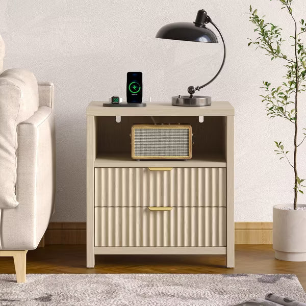 Qwatto Modern Fluted Bedside Table with Charging Station 19.7 Inch Nightstand 2 Wood Slide Drawers Open Shelf Metal Handle Wood Legs Bedroom End Table