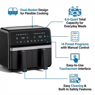 Teendow Dual Basket Air Fryer, 8.5-Quart Digital Air Fryer with Smart Touchscreen,Independent Controls, Easy-Clean Design & Auto Shut-Off