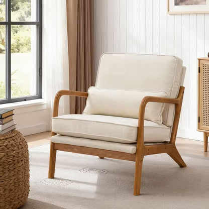 Karl Home Mid Century Solid Wood Accent Chair Upholstered Armchair with an Extra Pillow