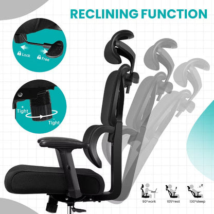 KERDOM Office Chair Ergonomic Desk Chair, Big and Tall Reclining Comfy Home Office Chair Lumbar Support Breathable Mesh, Black