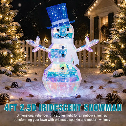 Romswi 4FT Pre-Lit 2.5D Iridescent Prismatic Snowman Lighted Outdoor Christmas Decoration w/ 100 LED Lights Xmas Holiday Decor for Yard Patio Garden