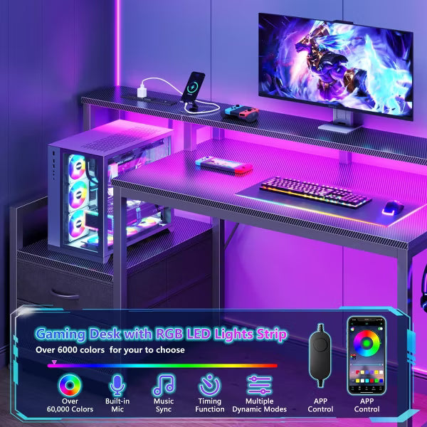 Qwatto 47" Gaming Desk with LED Lights and Charging Station Reversible Computer Desk with Monitor Stand and Fabric Drawers Corner Office Workstation