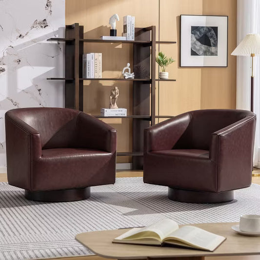 KERDOM 360°Swivel Barrel Accent Chair, PU Leather Upholstered Armchair with Solid Wood Base, Modern Lounge Chair for Living Room Bedroom,Reddish brown