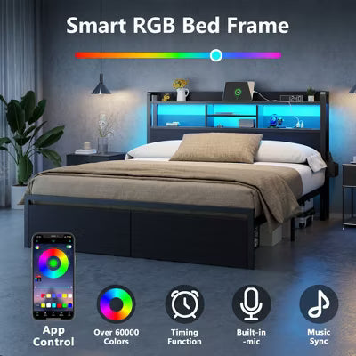 Qwatto Black Metal Queen Bed Frame With 2 Storage Drawers Wood Headboard Shelf LED Lights Charging Station Platform No Box Spring Needed Bedroom USB