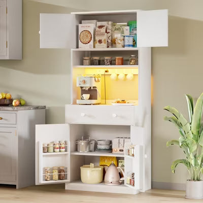 Qwatto 71'' Tall White Farmhouse Kitchen Pantry Storage Cabinet Freestanding Microwave Stand with Hutch Doors Drawers for Dining Room Furniture