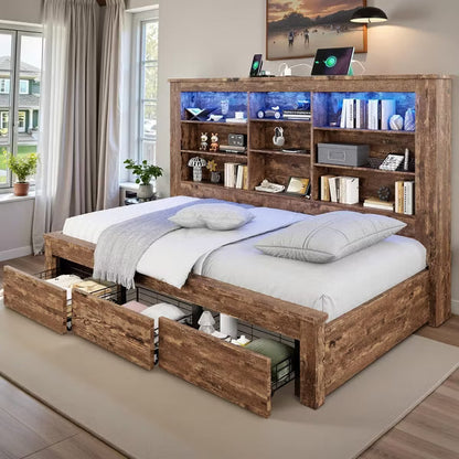 AMERLIFE Daybed with Bookcase Headboard, USB-C Charging, RGB Lights & 3 Drawers
