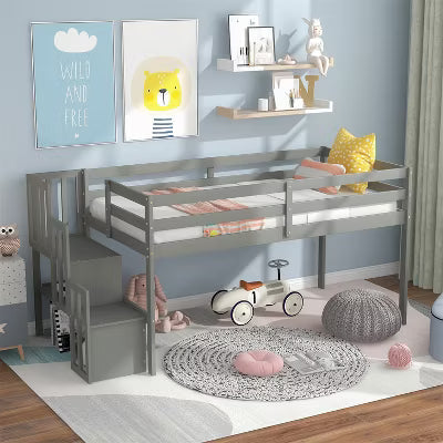 ELJGET Low Loft Bed for Kids, Twin Size Loft Bed with Storage Staircase, Wood Loft Bed Frame for Boys Girls Teens (Gray)