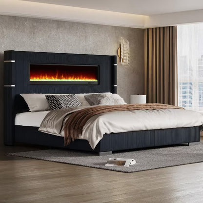 AMERLIFE Modern Bed Frame with Fireplace, Wingback Platform Bed Frame with 60.4“ Extra Tall Headboard, Beige