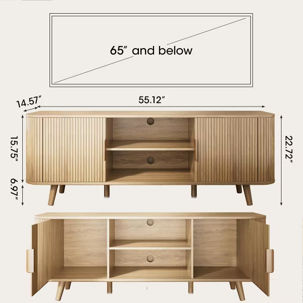 Qwatto 55'' Tambour Door TV Stand Oak Wood Media Cabinet for 65 In TV Arc Curved Edge Design Mid Century Modern Console with Open Shelves living room