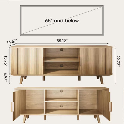 Qwatto 55'' Tambour Door TV Stand Oak Wood Media Cabinet for 65 In TV Arc Curved Edge Design Mid Century Modern Console with Open Shelves living room