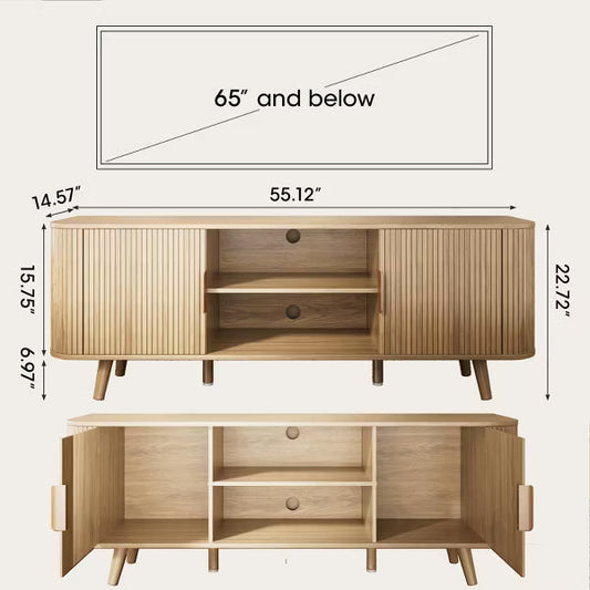 Qwatto 55'' Tambour Door TV Stand Oak Wood Media Cabinet for 65 In TV Arc Curved Edge Design Mid Century Modern Console with Open Shelves living room