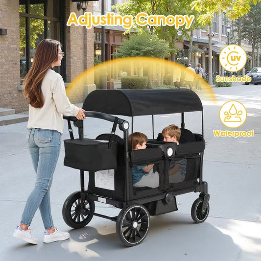 Kinder King 2-Seat Wagon Stroller, All-Terrain Foldable Stroller Wagon for Toddlers with Canopy, Snack Tray & Push/Pull Bar