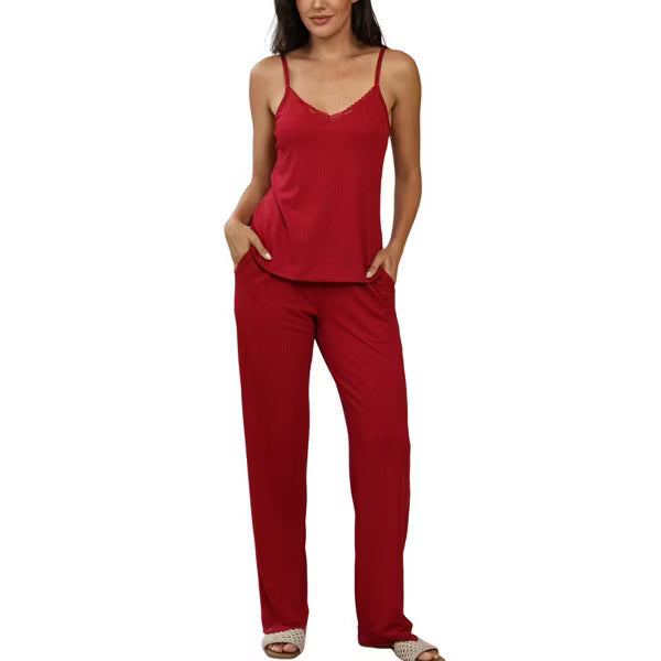 Ekouaer Women's Ribbed Knit Adjustable Straps Cami Long Pants Pajama Set with Lace Trim Black Small