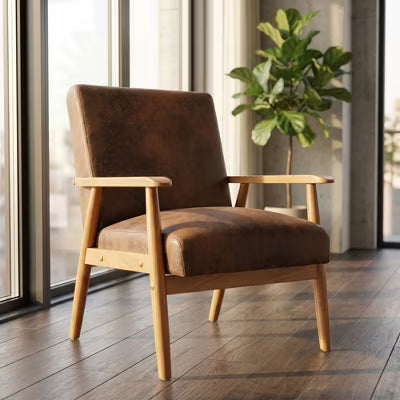 Vintage Mid-Century Accent Chair, Solid Wood Faux Leather Reading Armchair for Living Space & Den, Cognac Brown
