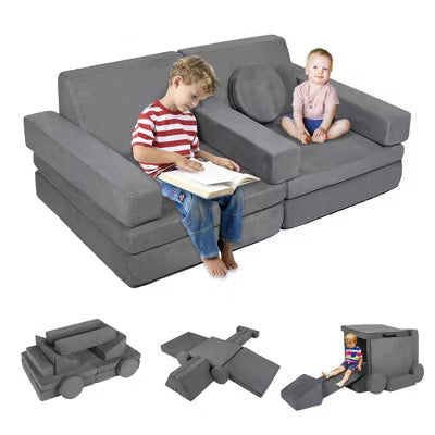 TODECARE 9-Piece Kids Convertible Foam Sofa Play Set with Modular Cushions, Gray