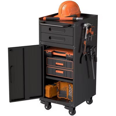 VIYET 34" Narrow Rolling Tool Cabinet, Slim Metal Garage Storage w/ 2 Drawers & Lockable Door (Space-Saving Organizer for Tight Spaces)