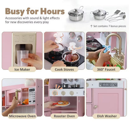 TODECARE Wooden Pretend Play Kitchen Set for Kids with Microwave oven, Ice Maker and Oven, Pink