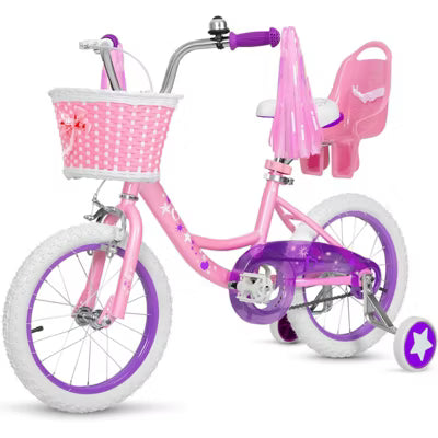 Hykolity 14-Inch Kids Bike for Girls Ages 3-5, Fresh Pink, with Training Wheels, Doll Seat, Basket, Adjustable Saddle, Dual Brakes
