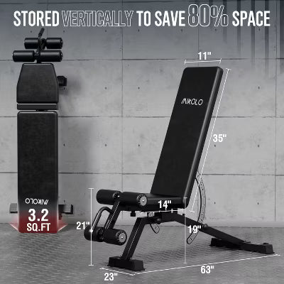 1200LB Weight Bench, Adjustable Workout Bench with Detachable Leg Support, Vertical Storage Space-Saving Exercise Bench for Home Gym