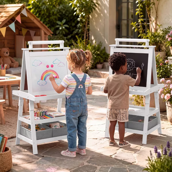 TODECARE Wooden 3-in-1 Kids Art Easel with Magnetic Whiteboard, Chalkboard, Paper Roll and Storage, White