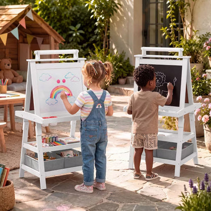 TODECARE Wooden 3-in-1 Kids Art Easel with Magnetic Whiteboard, Chalkboard, Paper Roll and Storage, White