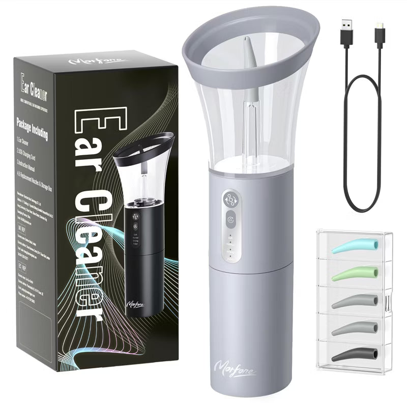 Morfone Electric Ear Cleaning Kit Effective & Safe Ear Cleaner Irrigation Flushing System 4 Pressure Modes for Ear Wax Buildup（Gray）