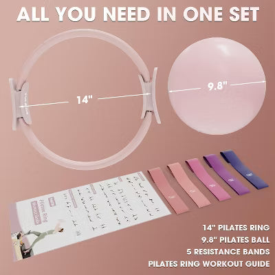 PAETA Pilates Ring Set ¨C 14¡± Magic Circle (38 lbs Resistance), 9.8¡± Pilates Ball, 5 Resistance Bands, and Exercise Guide