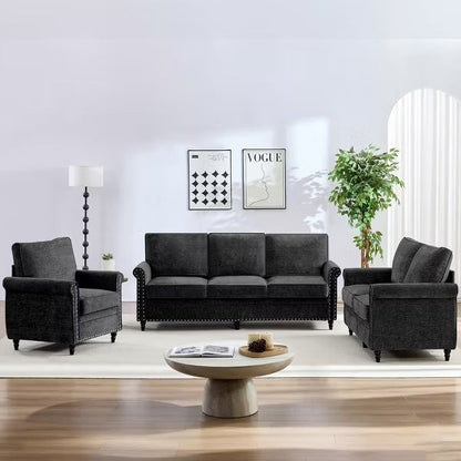Mjkone 3 Piece Chenille Living Room Sofa Set,Modern 3-Seater Sofa Couch&Loveseat Sofa&Single Sofa Armchair Set,Riveted Look,Black