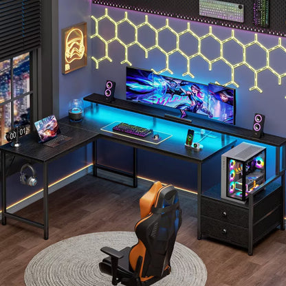Qwatto 66 Inch Black L Shaped Computer Desk with Charging Station Reversible Gaming Desk LED Lights 2 Drawers Monitor Stand Storage Home Office