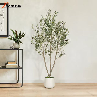Romswi Faux Olive Tree with Oval White Planter, 6 FT Tall Faux Olive Trees, with Natural Wood Trunk Lifelike Fruits, Fake Greenry Plant for Home Decor