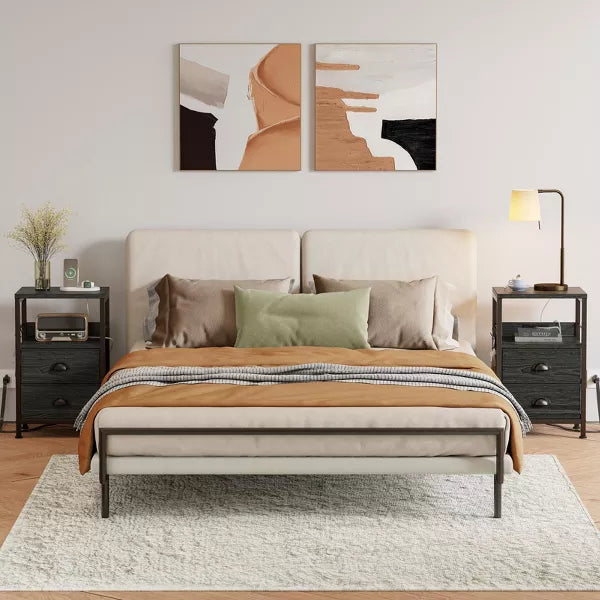 Qwatto Set of 2 Nightstands with Charging Station and USB Ports Modern Bedside Side Tables with 2 Fabric Drawers and Storage Shelves Bedroom Black