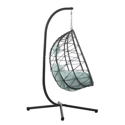 ELJGET Hanging Egg Chair with Stand, Indoor Outdoor Wicker Rattan Egg Swing Chair Hanging Basket Chair with Cushion Headrest, Blue