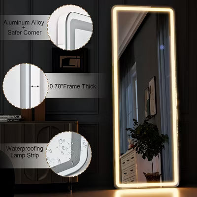 LED Full-Length Mirror with Aluminum Alloy Frame, Adjustable Color Temperature, 3-in-1 (Standing/Hanging/Leaning), 60-Inch Smart Body Mirror