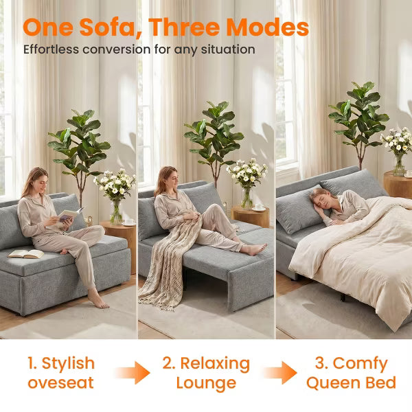 Mjkone 64.2" Linen Convertible Sleeper Sofa Bed, 3 Modes Pull Out Loveseat with High Density Foam for Apartment Guest Room