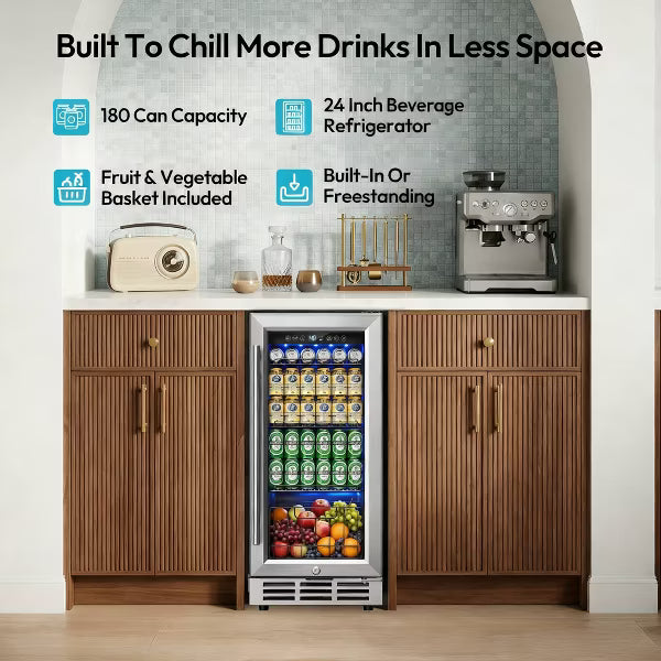 EUHOMY 180 Can Beverage Refrigerator- 24 Inch Built-In Cooler with Fruit Drawer- Silver